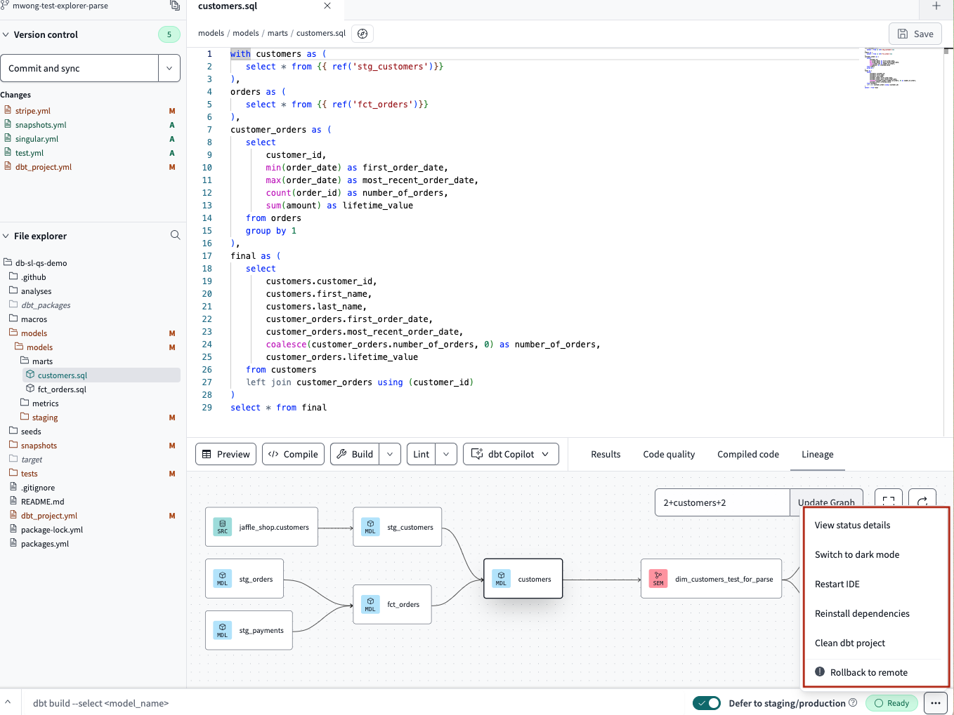 Access the IDE Options menu to switch to dark or light mode, restart the IDE, rollback to remote, or view the IDE status